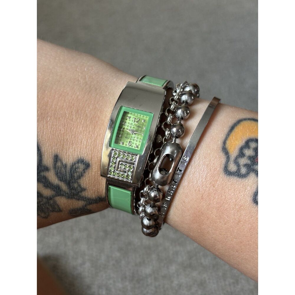 Y2K Womens Green Silver Rhinestone Saisse Ralph Cuff Wristwatch WORKS